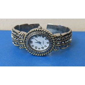 Accutime Silver Tone Women's Quartz Watch Bracelet Hinged Cuff Style diamond